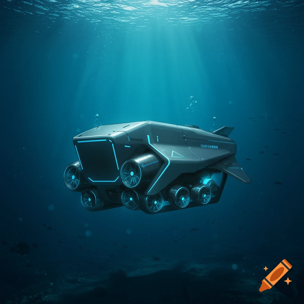 A futuristic submersible ROV with blue lights and multiple thrusters in deep blue water with sunbeams