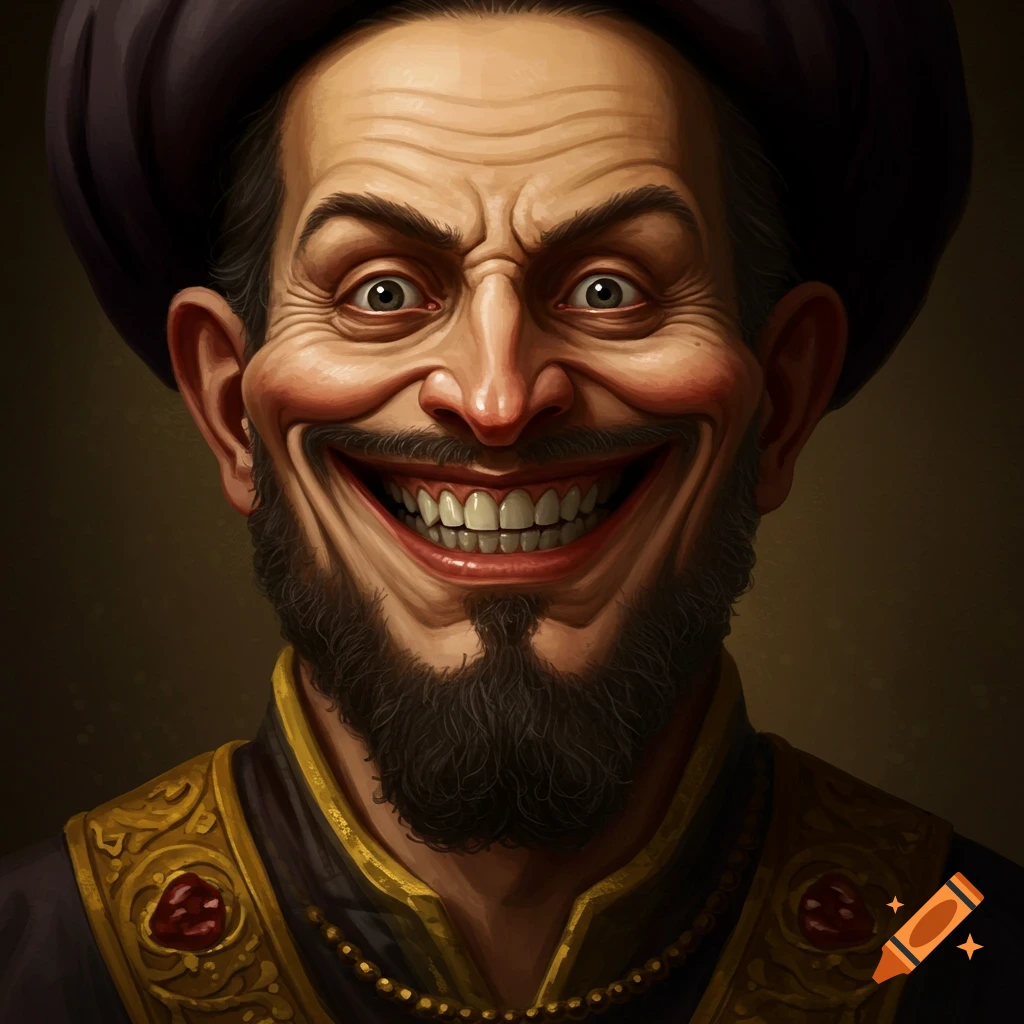 A man with an exaggerated smile, wearing a turban and ornate collar.