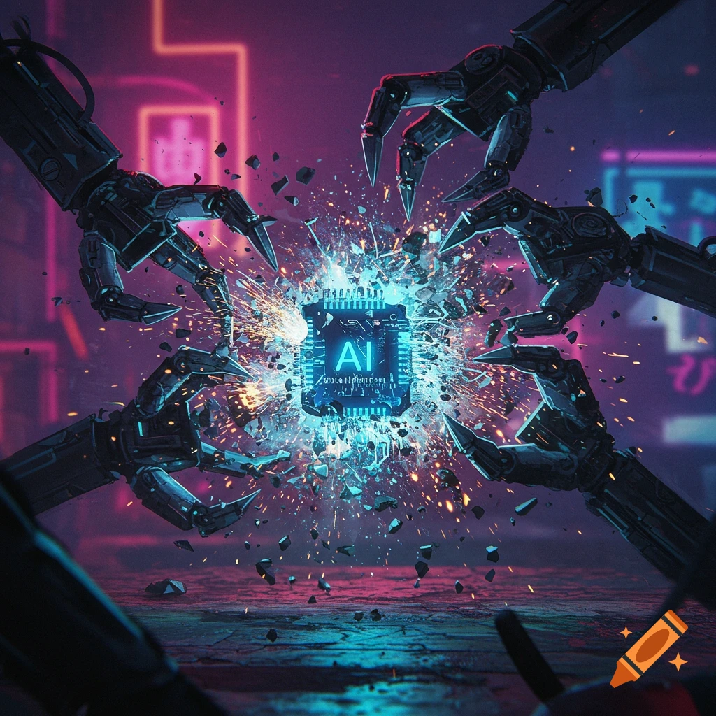 Robotic hands destroy a glowing 'AI' computer chip in a dark, neon-lit setting.