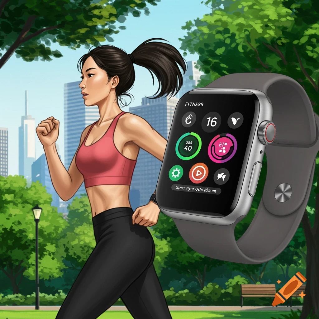A woman is running in a park wearing a smartwatch, with a city skyline visible in the background.