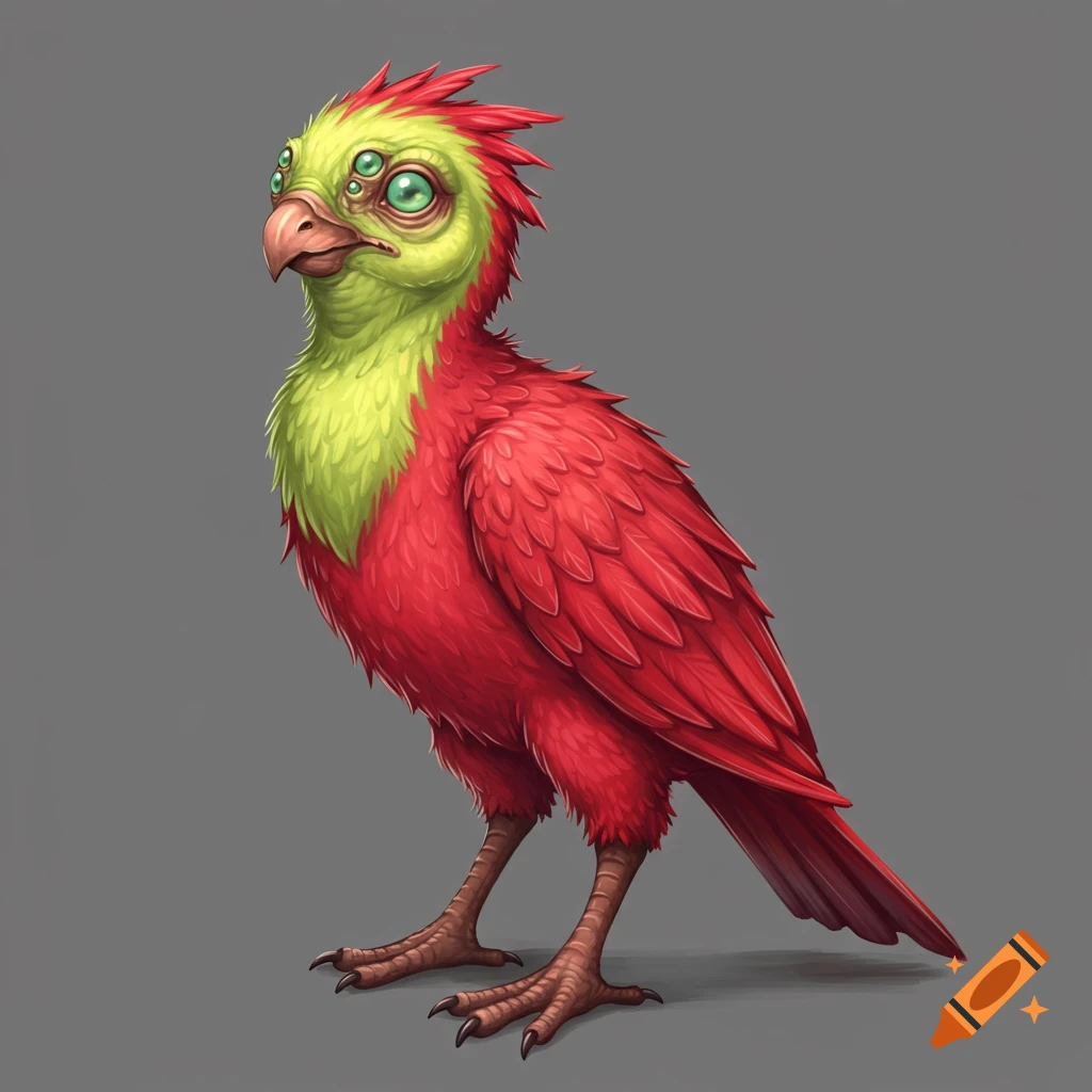 A red and green fantasy bird creature with four green eyes.