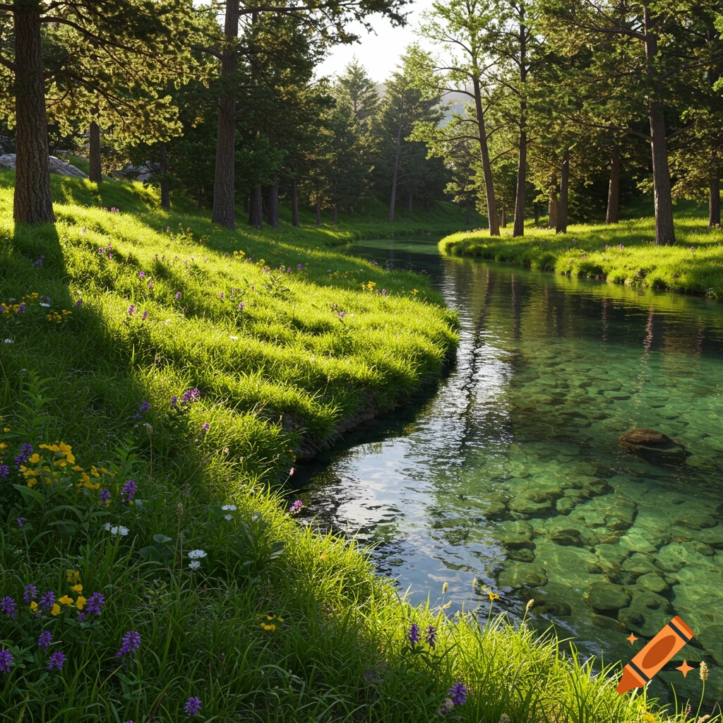 A clear river flows through a sunlit grassy forest bank dotted with wildflowers.