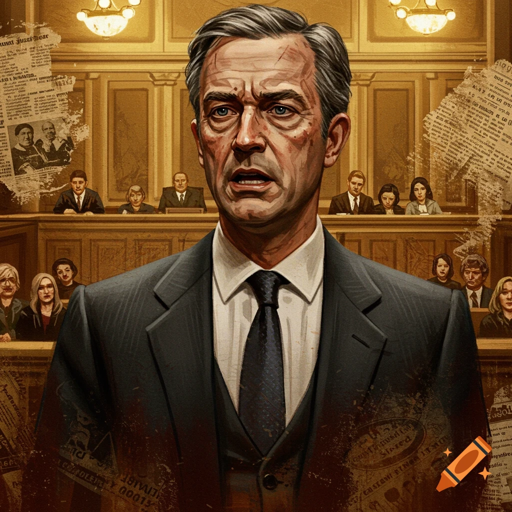 A serious-looking lawyer in a courtroom.