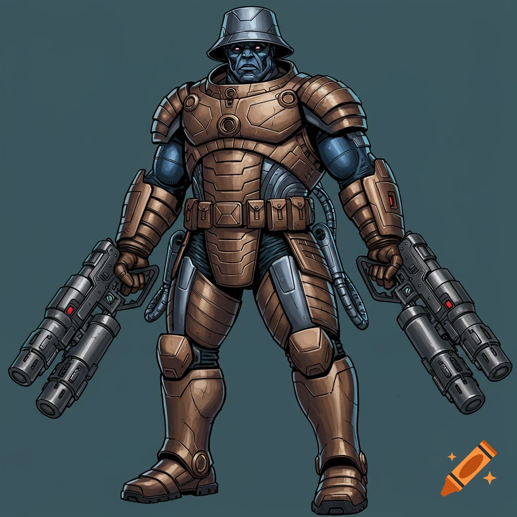 A dark blue skinned man in bronze sci-fi armor and bucket helmet holds two large guns in comic book art style.