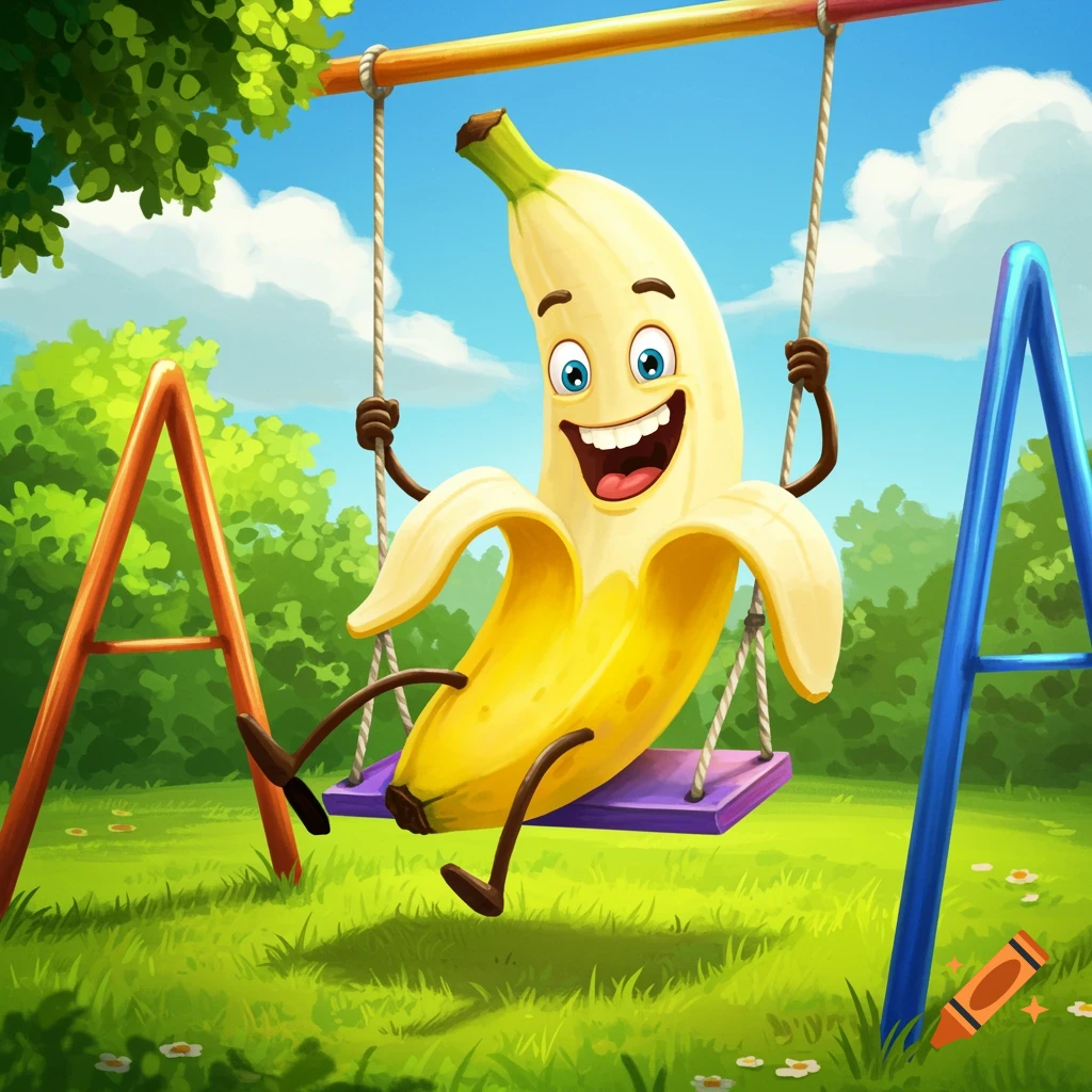 A joyful cartoon banana swings on a colorful swing set in a sunny park.
