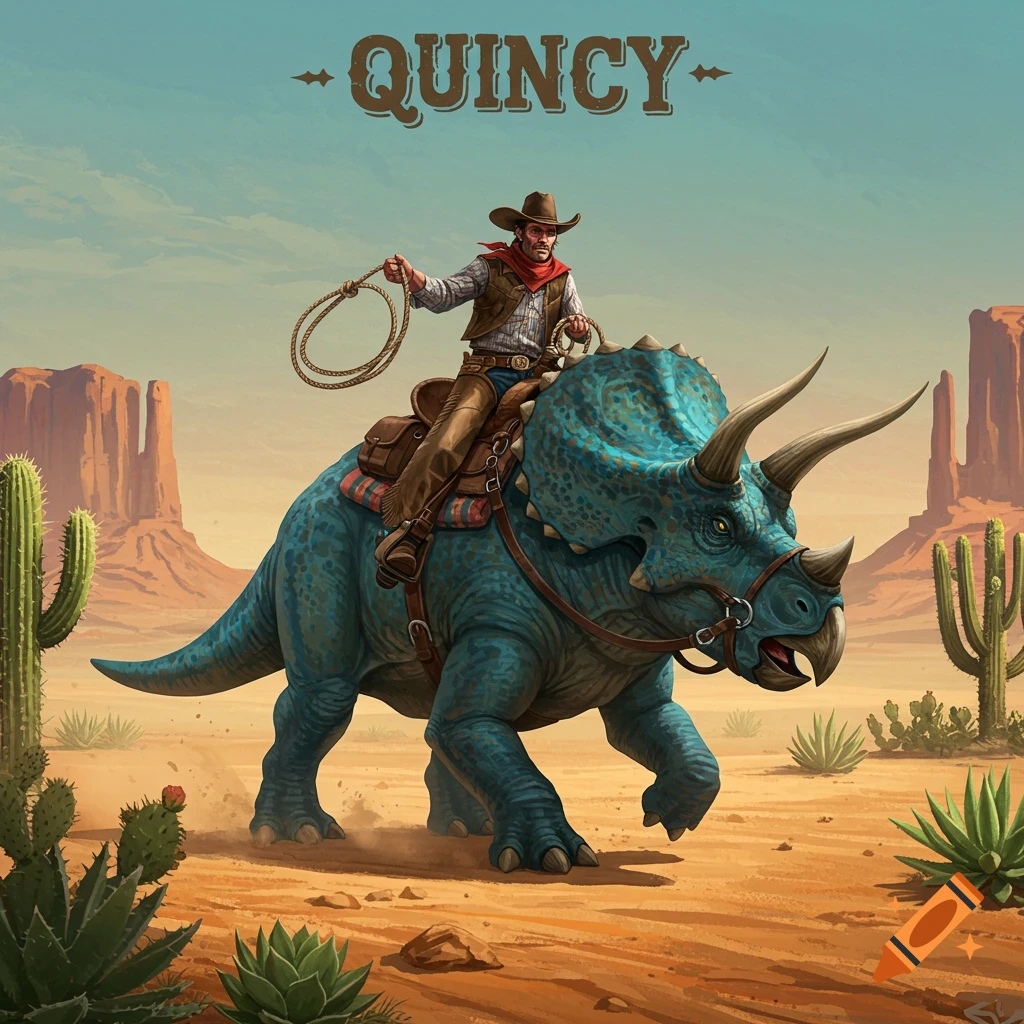 A cowboy rides a triceratops through a desert landscape with text "QUINCY" at the top.