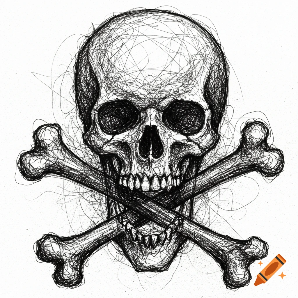 Scribble drawing of a skull and crossbones.