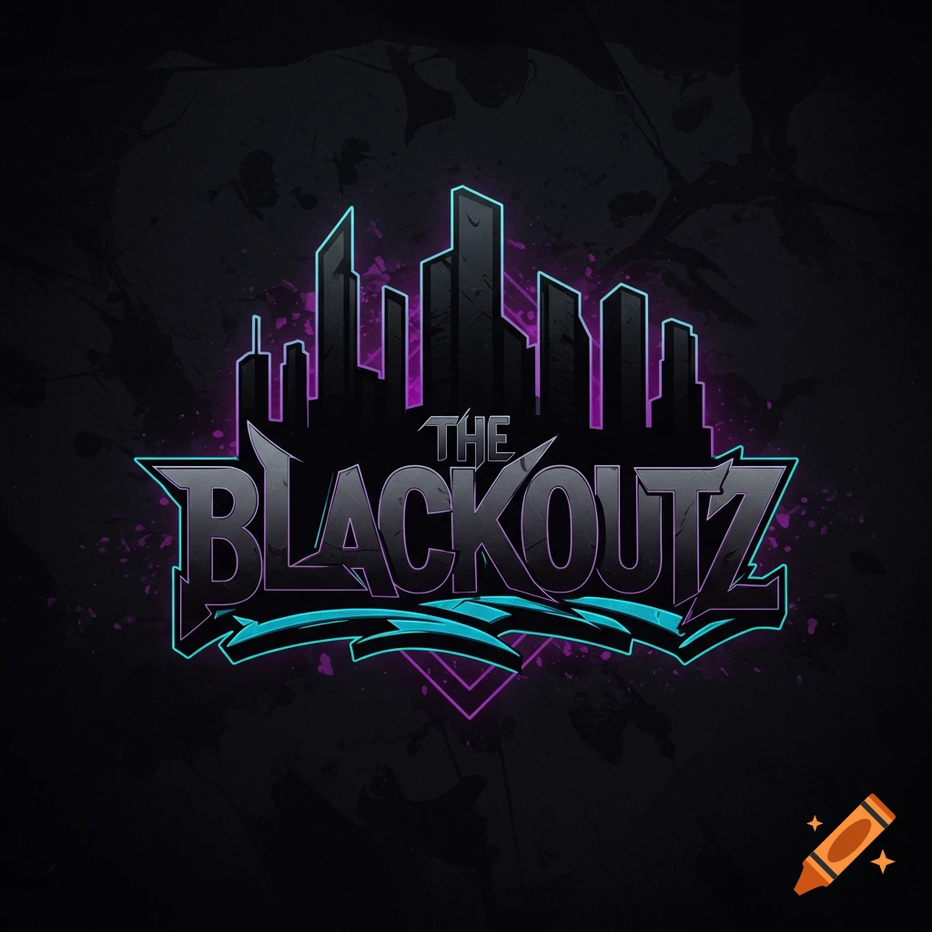 Logo for THE BLACKOUTZ rap group with a stylized city silhouette and neon accents.