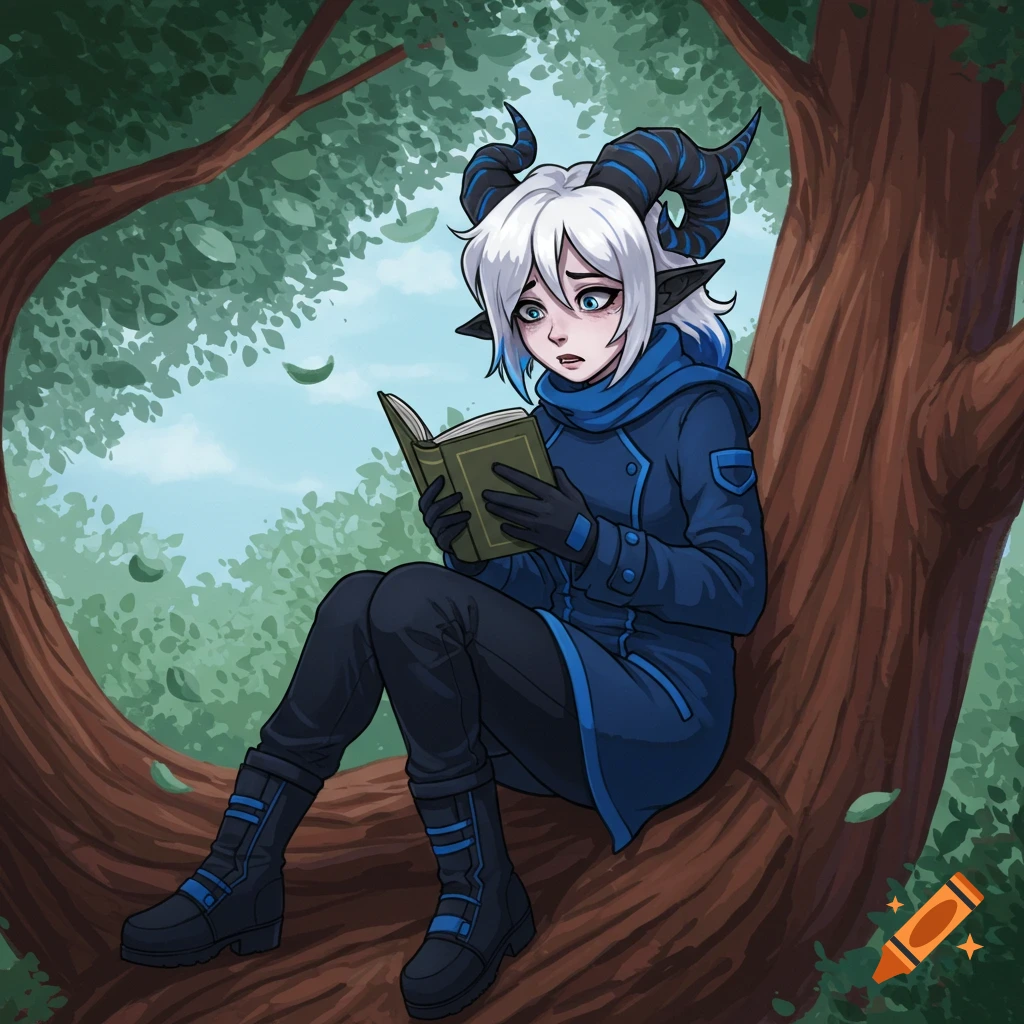 An anime-style character with horns and white hair reads a book while sitting in a tree.