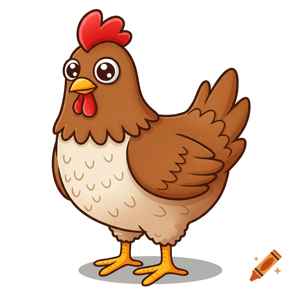 A cute cartoon illustration of a brown hen standing.