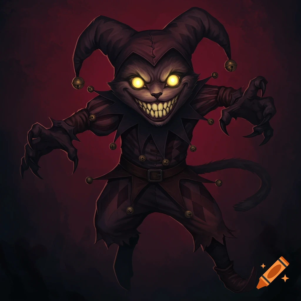 A creepy cat creature dressed as an evil jester.