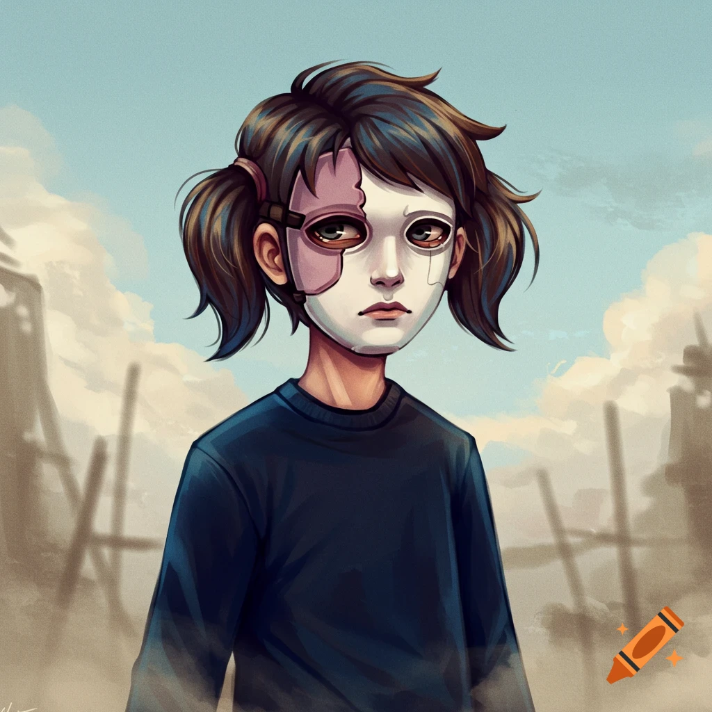 A character wearing a mask over a damaged face is in a desolate landscape.