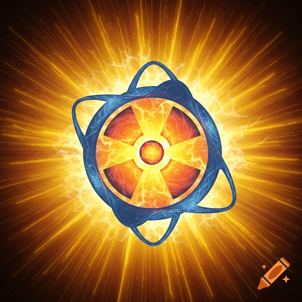 Abstract nuclear fusion symbol with a radiating orange and yellow sunburst.