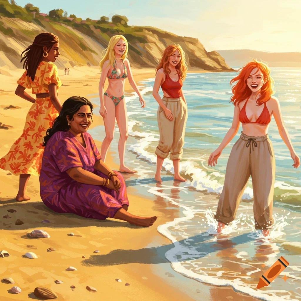 five women on a sunny beach with waves.
