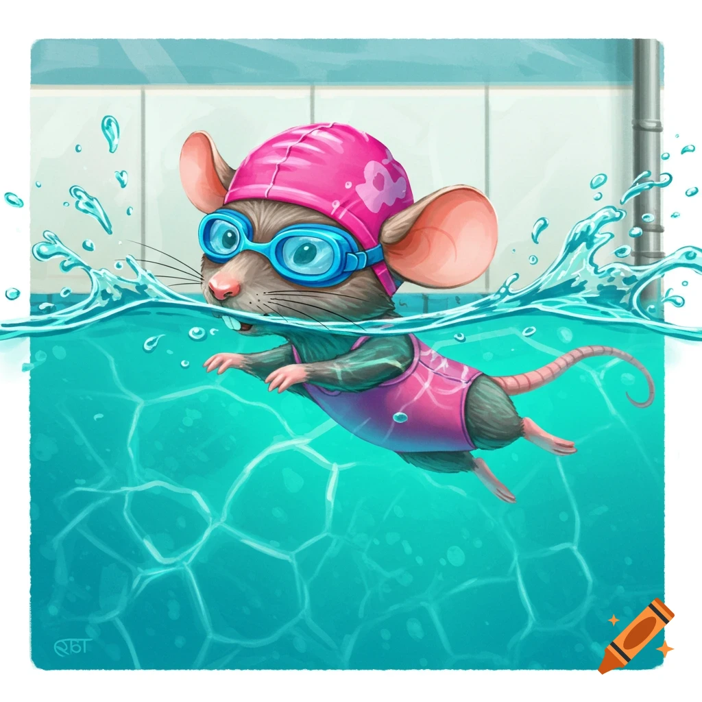 A cute rat wearing a pink swim cap and blue goggles swims in a pool.