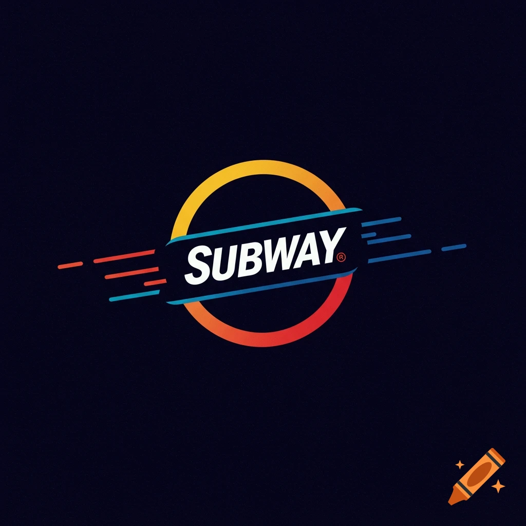 Stylized Subway logo with diagonal text, a circular gradient, and abstract lines on a dark background.