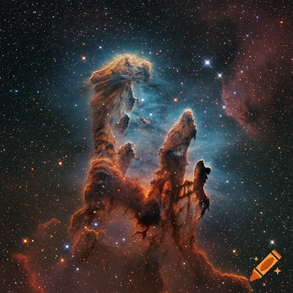 Large pillars of cosmic dust and gas against a background of stars and nebulosity in space
