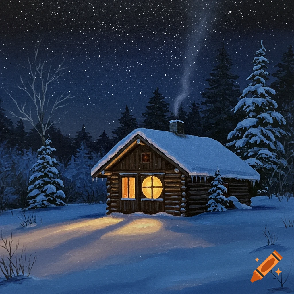 A painted scene of a cozy log cabin in a snowy forest at night under a starry sky. Light streams from a circular window.