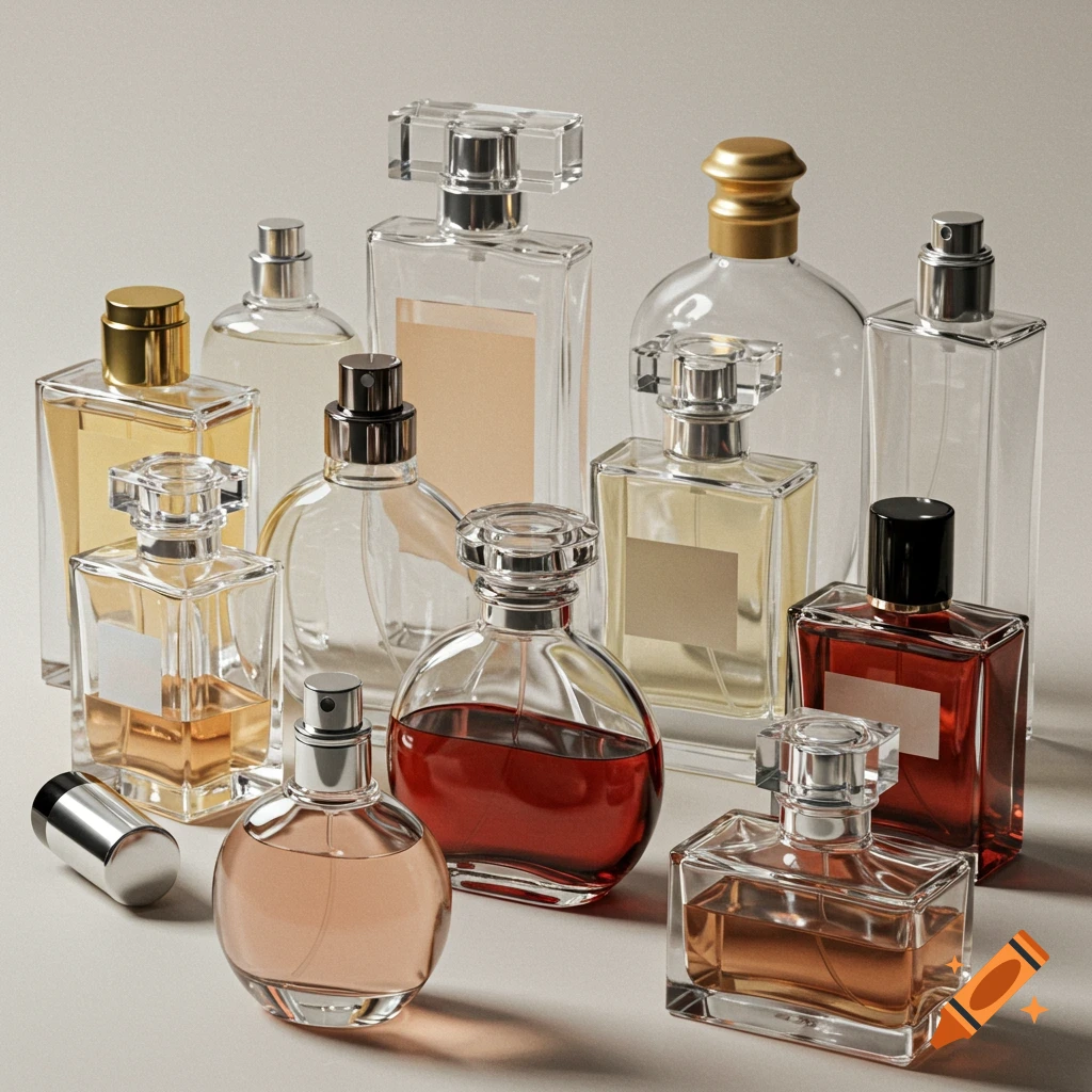 Close-up view of multiple photorealistic perfume bottles with varying shapes and liquid colors.