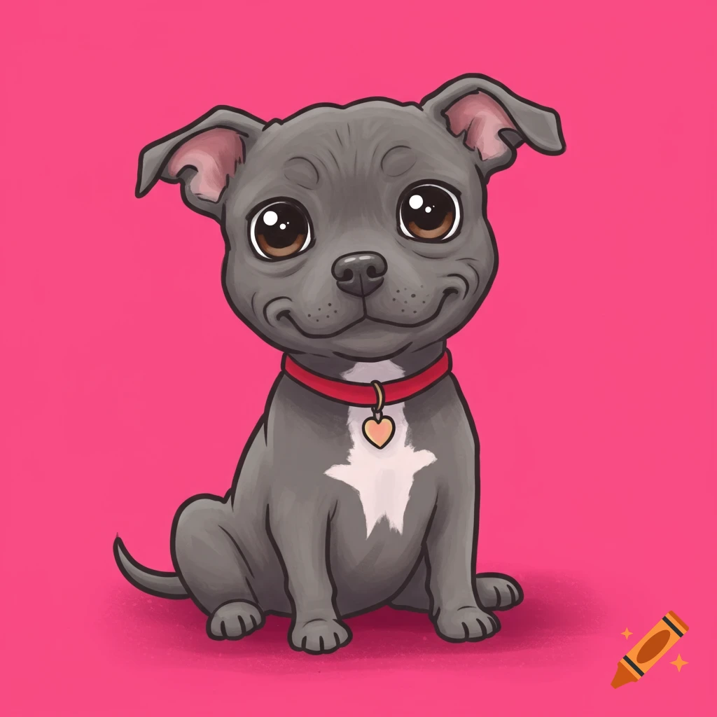 A cute gray cartoon pitbull puppy with a red collar sits on a pink background.