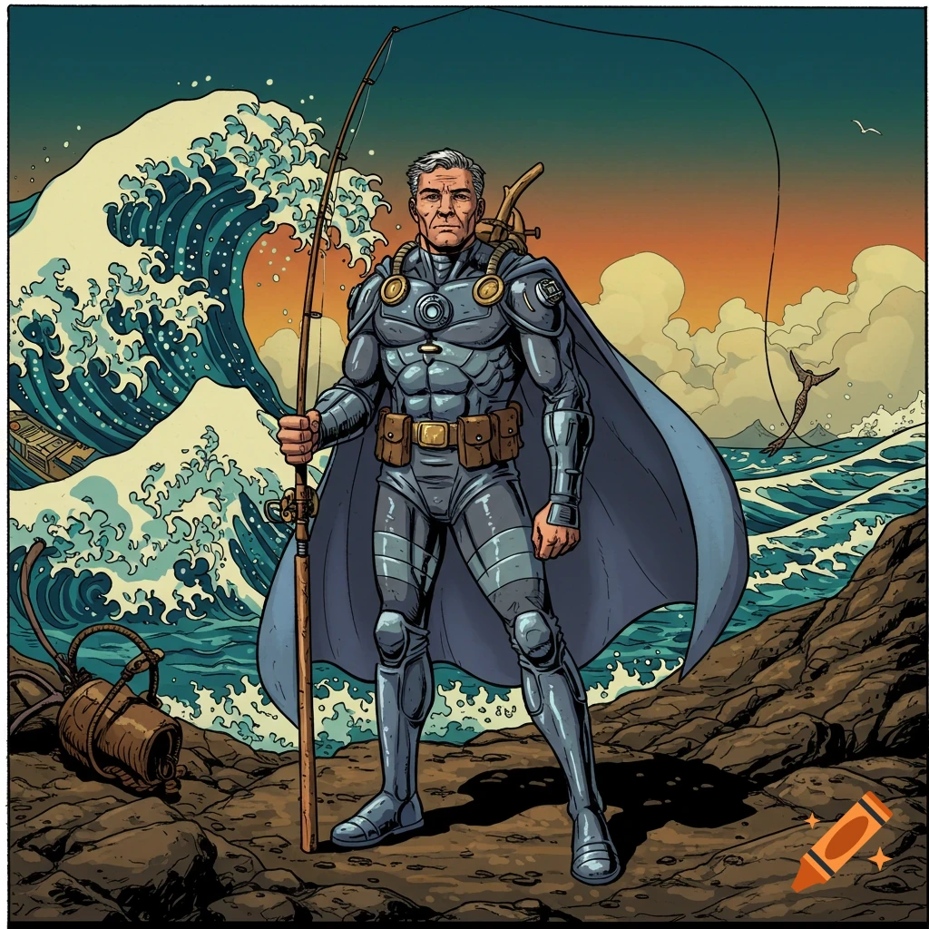 A superhero fisherman in armor and cape stands on rocks by a large wave with a fishing rod, comic book art.