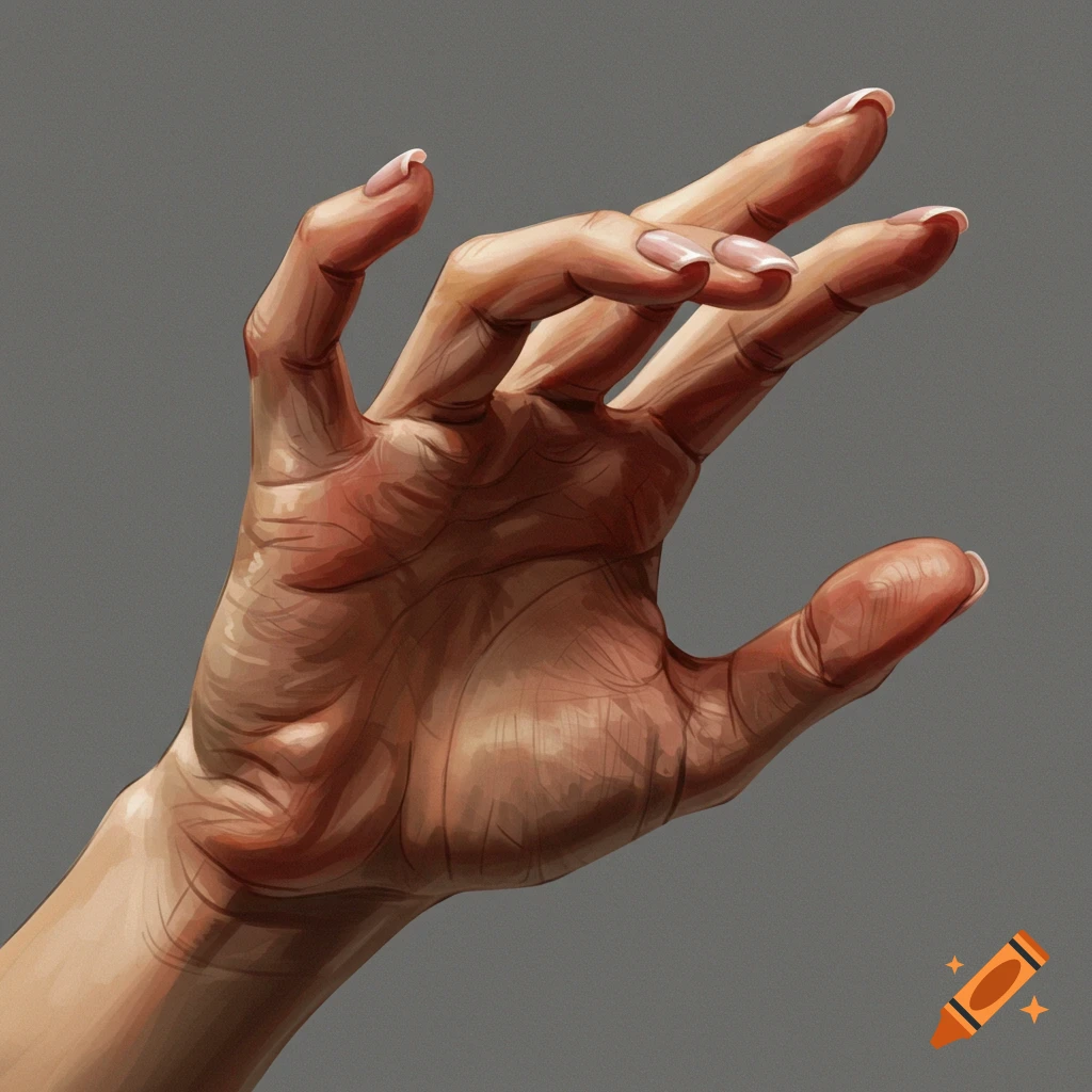 A hand reaching out against a gray background.