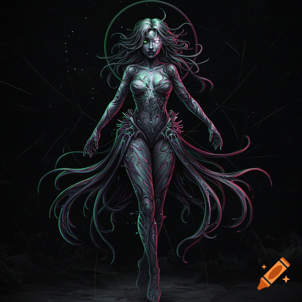 A dark fantasy figure with glowing eyes and swirling body patterns stands against black. Digital art.