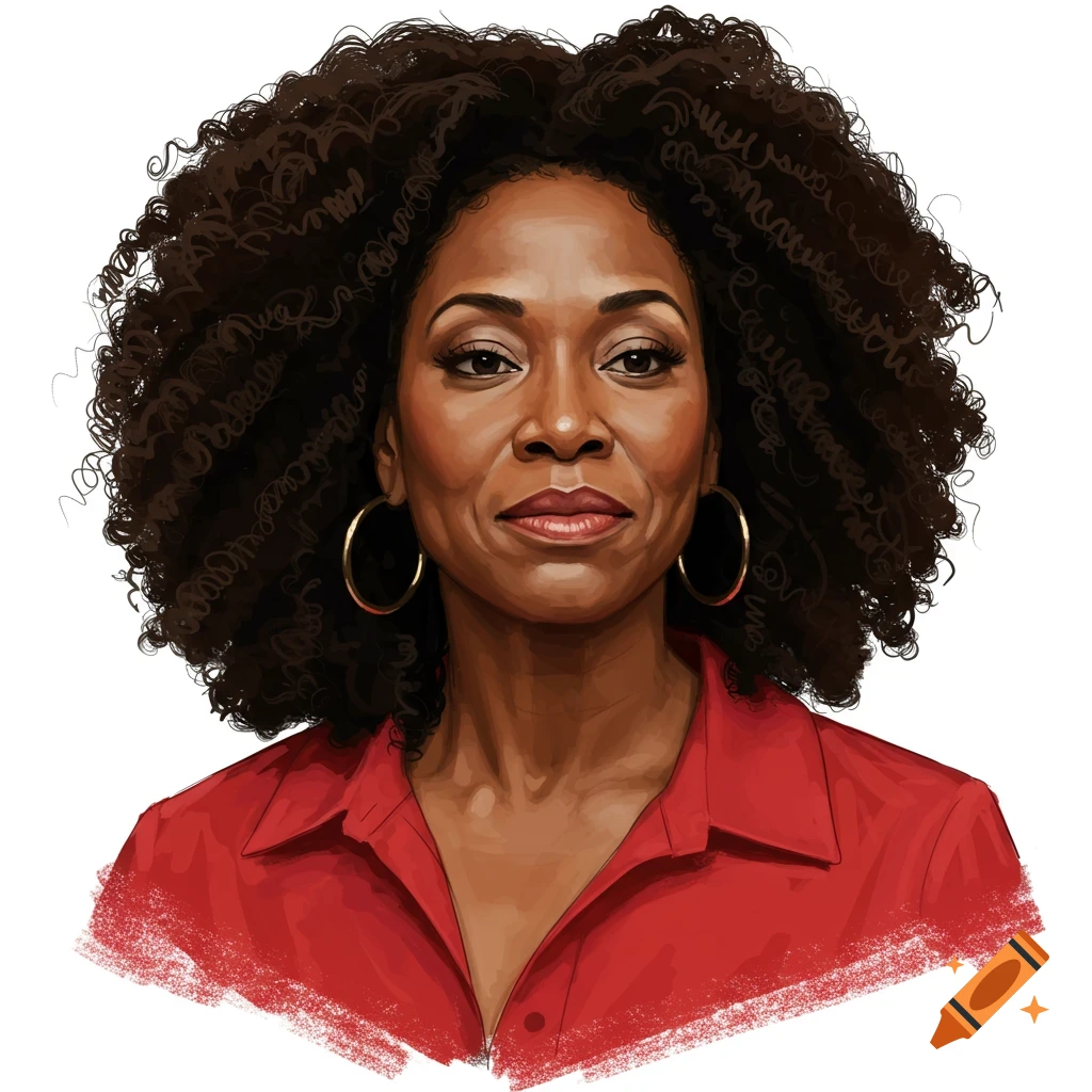 Portrait of a Black woman with large curly hair and gold hoops, wearing red.