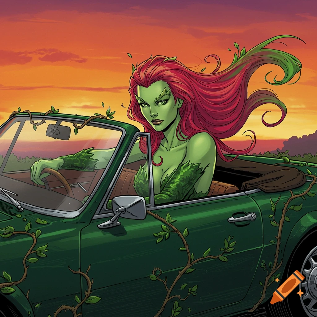 Poison Ivy drives a green classic car at sunset. She has green skin, red hair, and wears a leaf outfit.