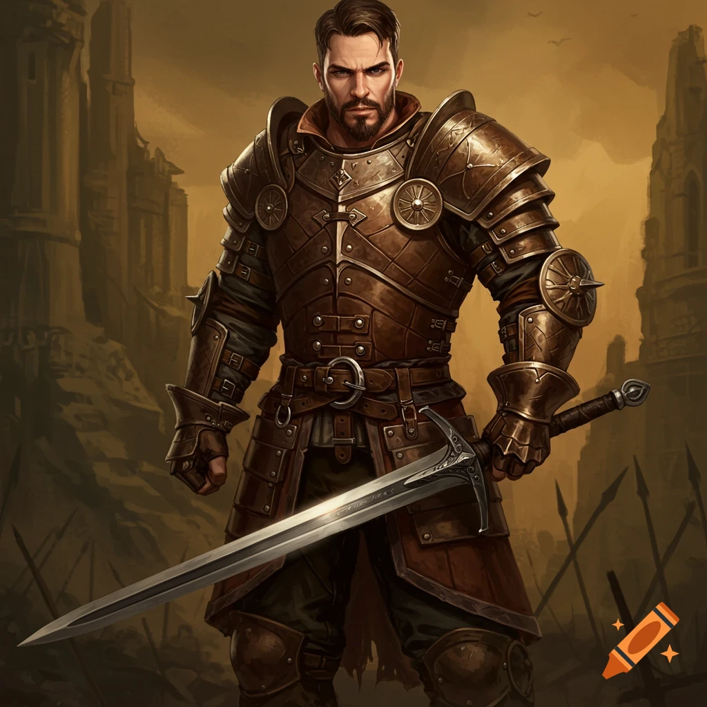 A fantasy medieval male fighter in leather armor holding a large sword.