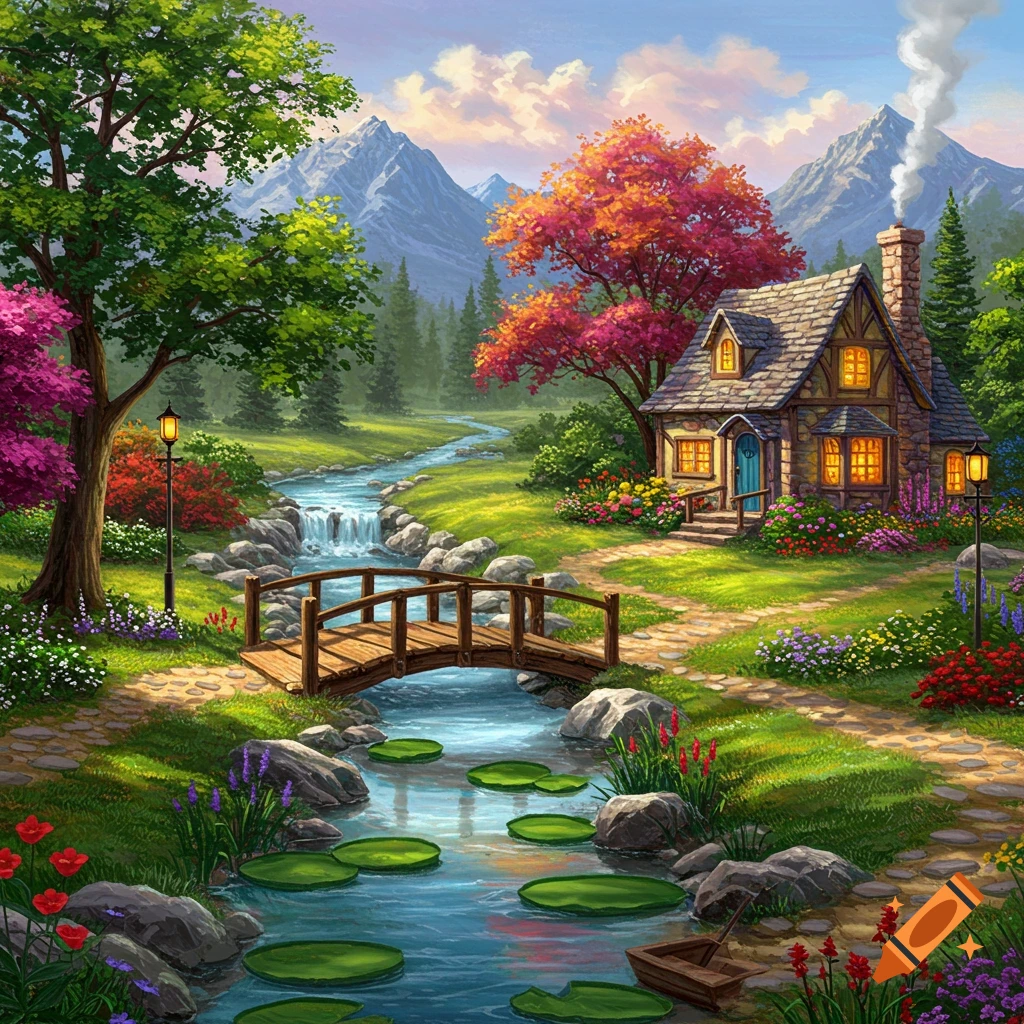 A cottage by a stream with a bridge, trees, and mountains.
