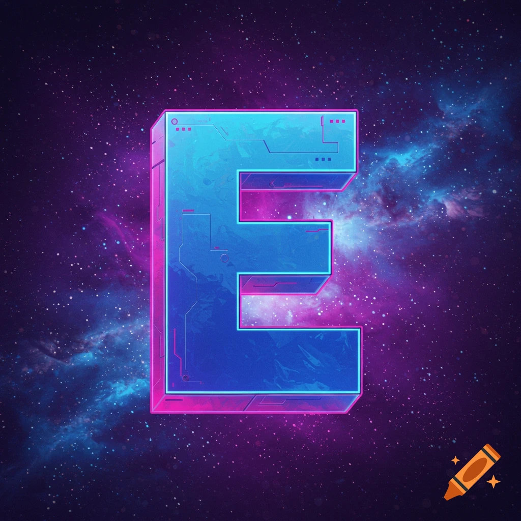 A stylized metallic blue letter E against a background of nebulae and stars.