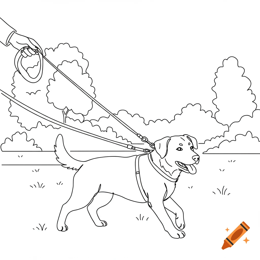 Outline drawing of a dog being walked on a leash in a park.