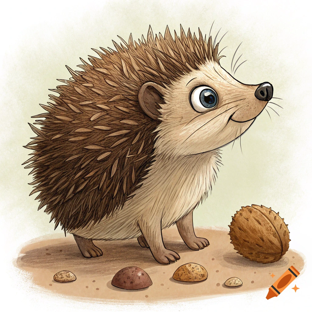 Illustration of a cute hedgehog standing on dirt with pebbles and a nut.