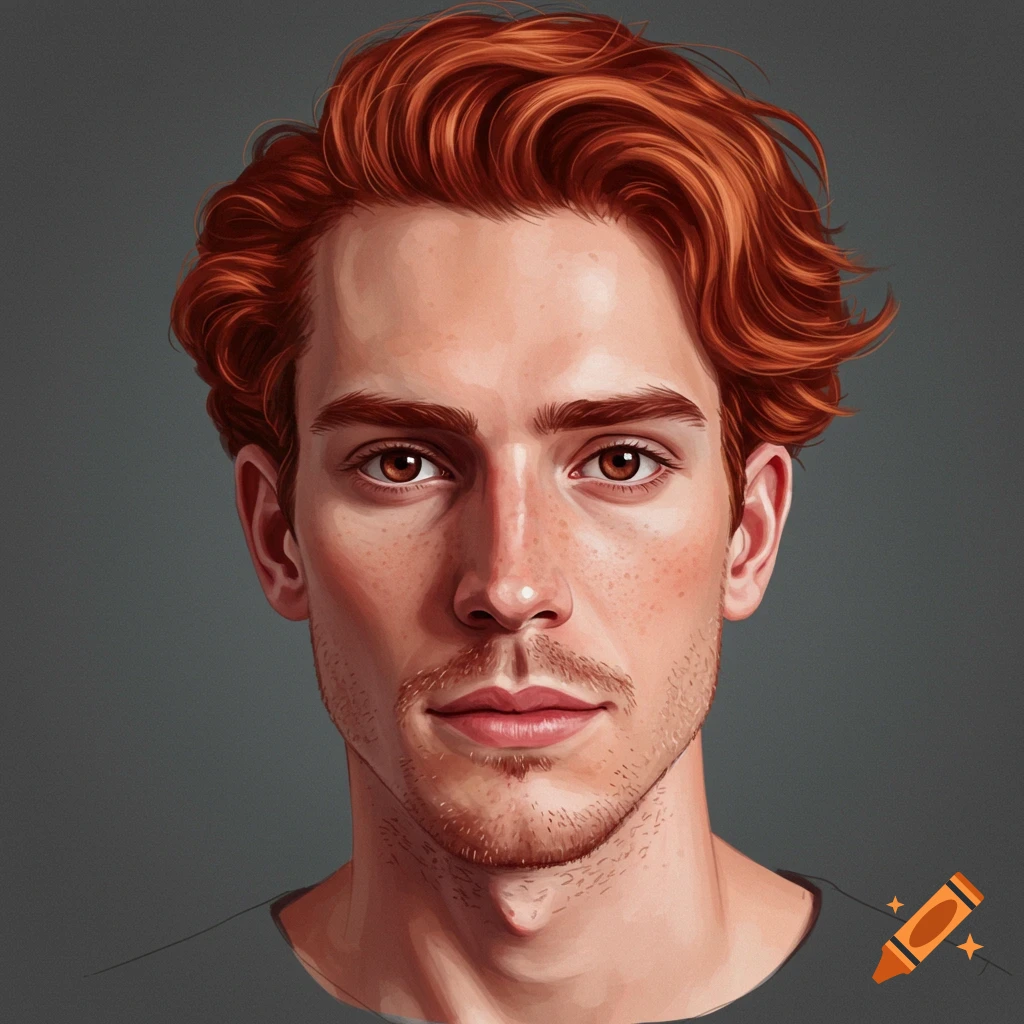 A man with red hair, freckles, and brown eyes against a gray background.