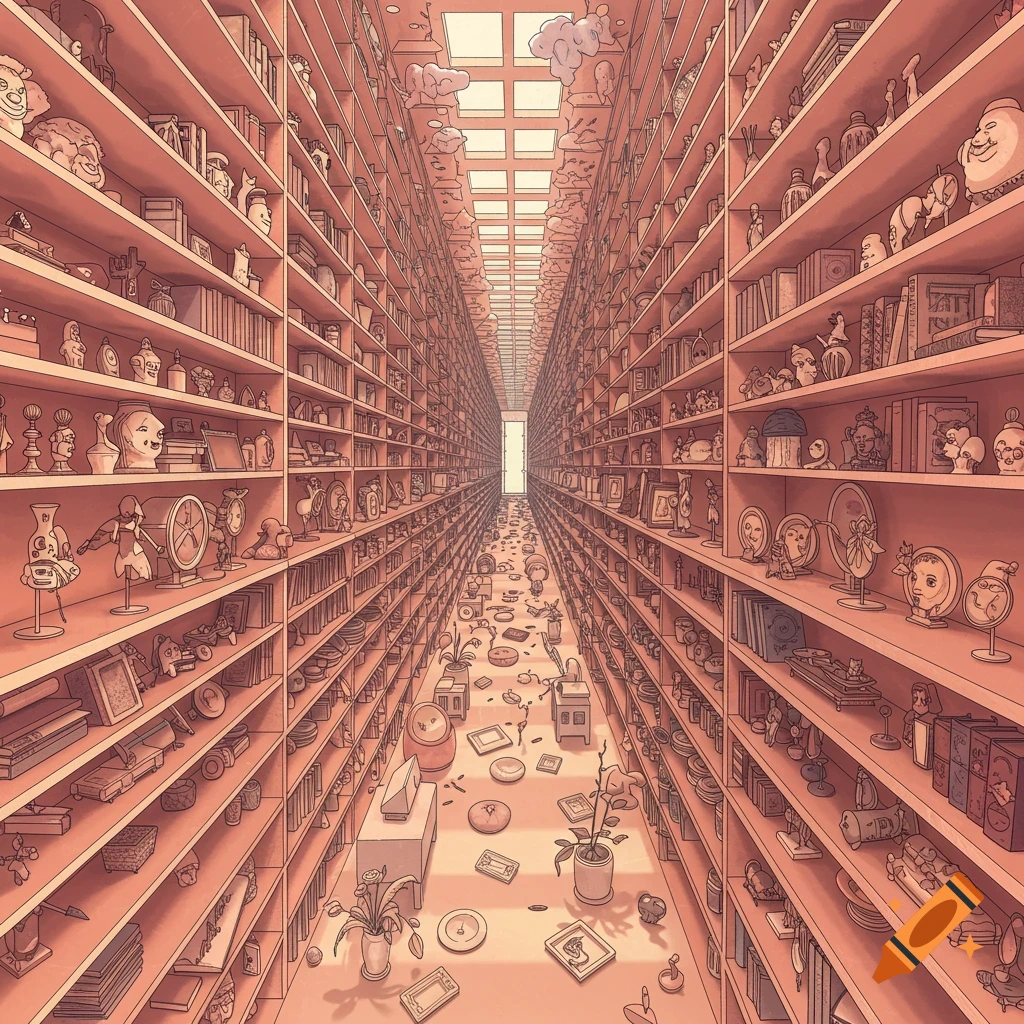 A vast room with shelves stretching infinitely, laden with a diverse collection of objects and books, with items strewn across the floor.