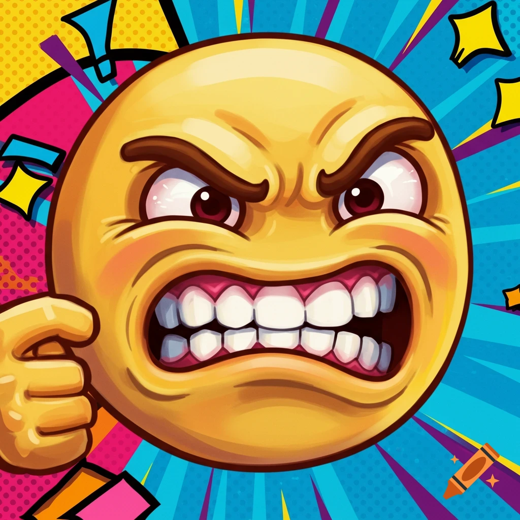 Close-up of an angry emoji on a colorful background.