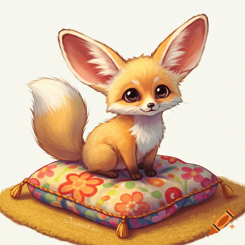 A cute fennec fox sitting on a floral pillow.