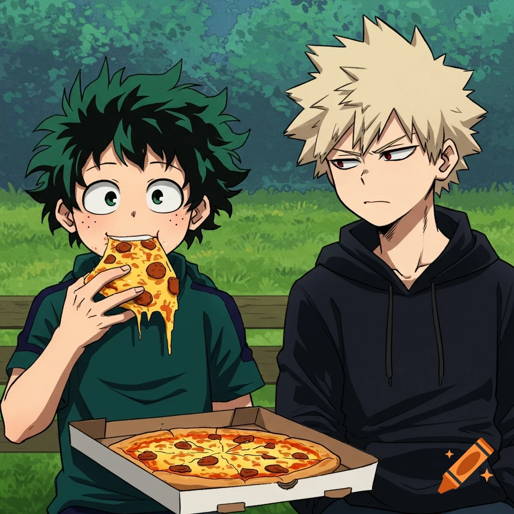 Izuku Midoriya eats a slice of pizza as Bakugou watches, anime style.
