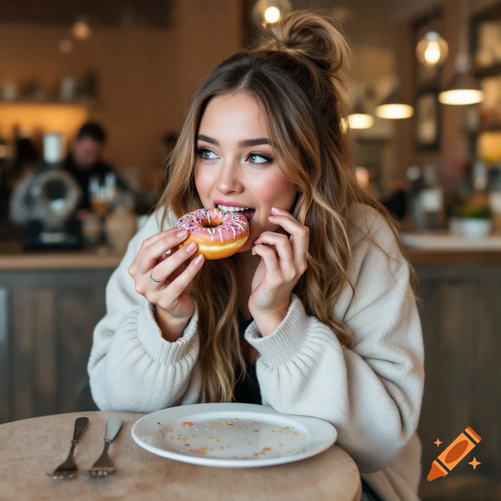 A young woman takes a bite of a pink frosted donut in a cafe.