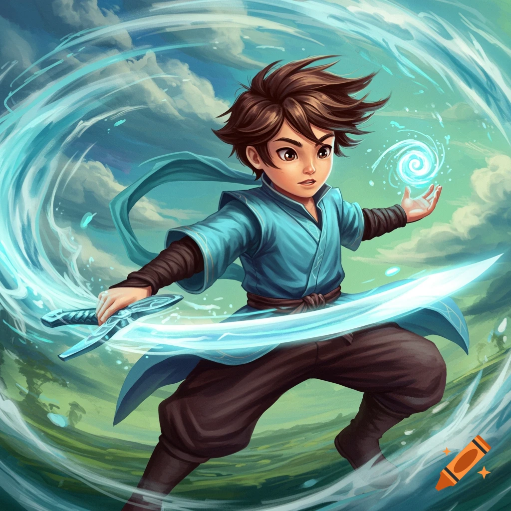 A young boy in a fantasy art style, surrounded by swirling water energy, wielding a sword.