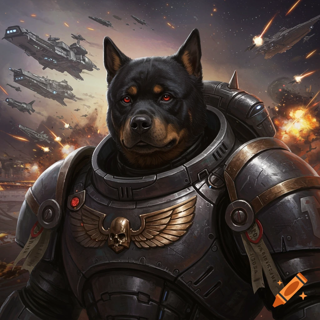 A Rottweiler dog wearing futuristic armor during a space battle with battleships.