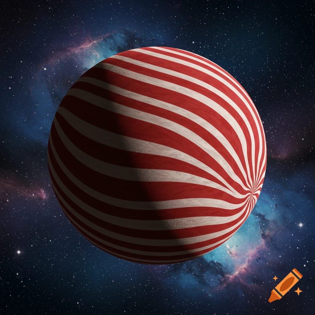 A striped planet in space against a nebula background.