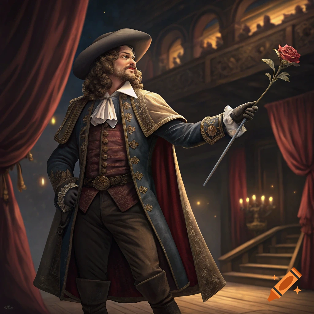 A man in historical costume stands on a stage, holding a red rose.