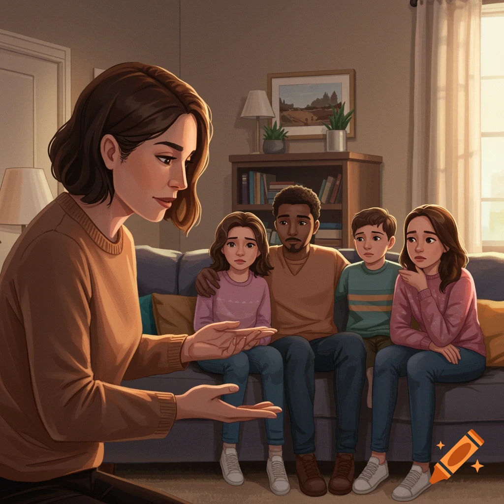 A woman speaks to a diverse family on a couch in a living room.
