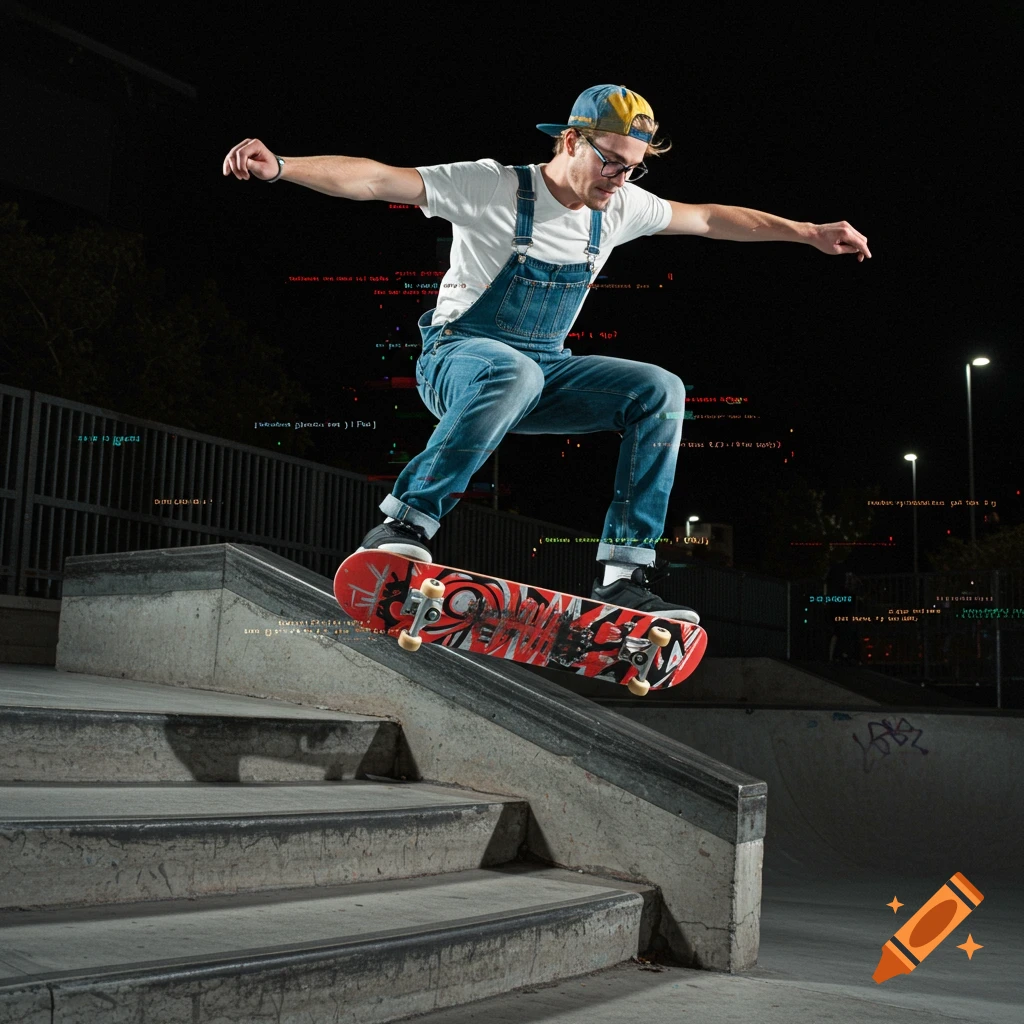 A skateboarder does a trick in a night skatepark with code overlays.