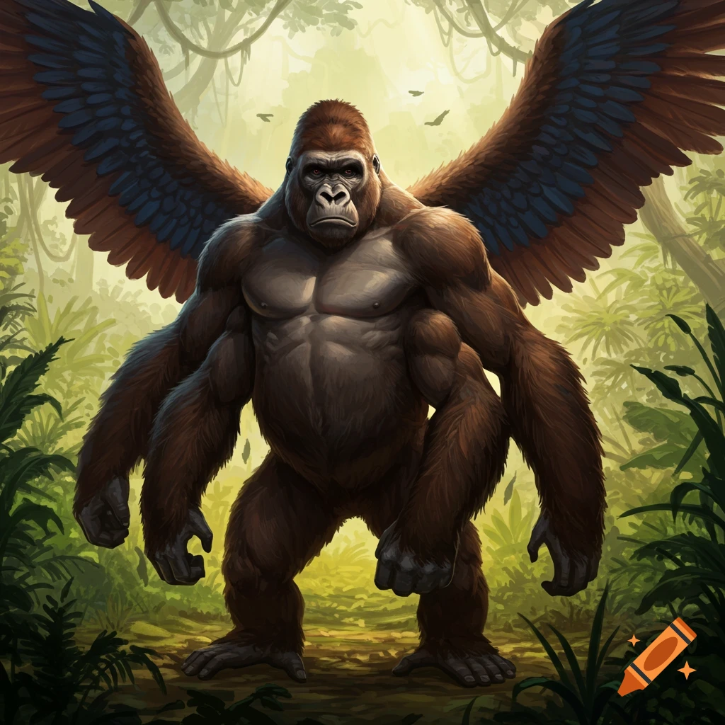 An imposing gorilla with four arms and wings stands amidst a vibrant, verdant jungle.