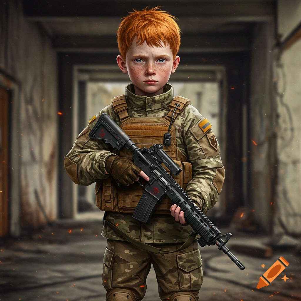 A redheaded boy in military uniform and vest holds a rifle in a damaged building.