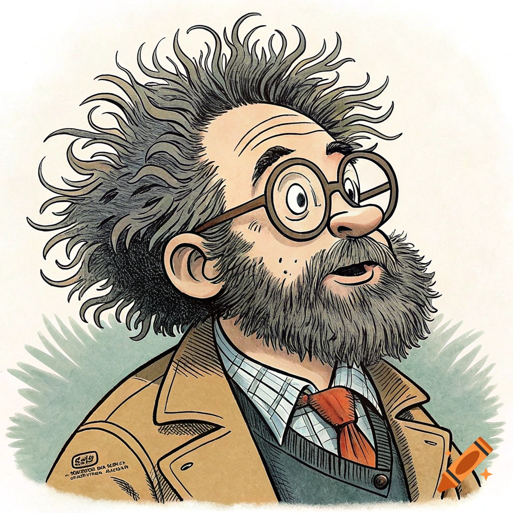 Cartoon portrait of a man with messy hair, beard, and glasses, wearing a jacket and tie.