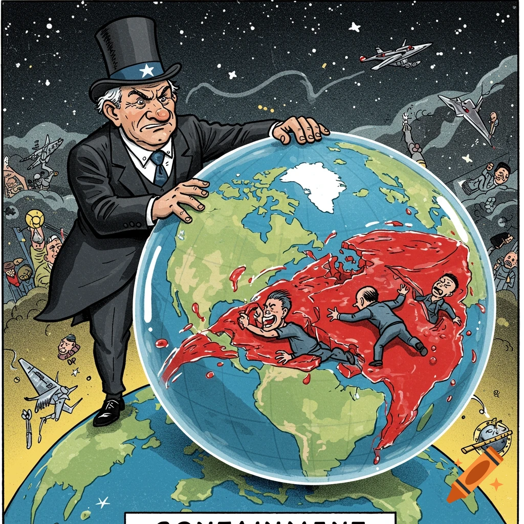 Political cartoon of a man in a top hat holding a globe with figures struggling in red fluid, labeled 'CONTAINMENT'.